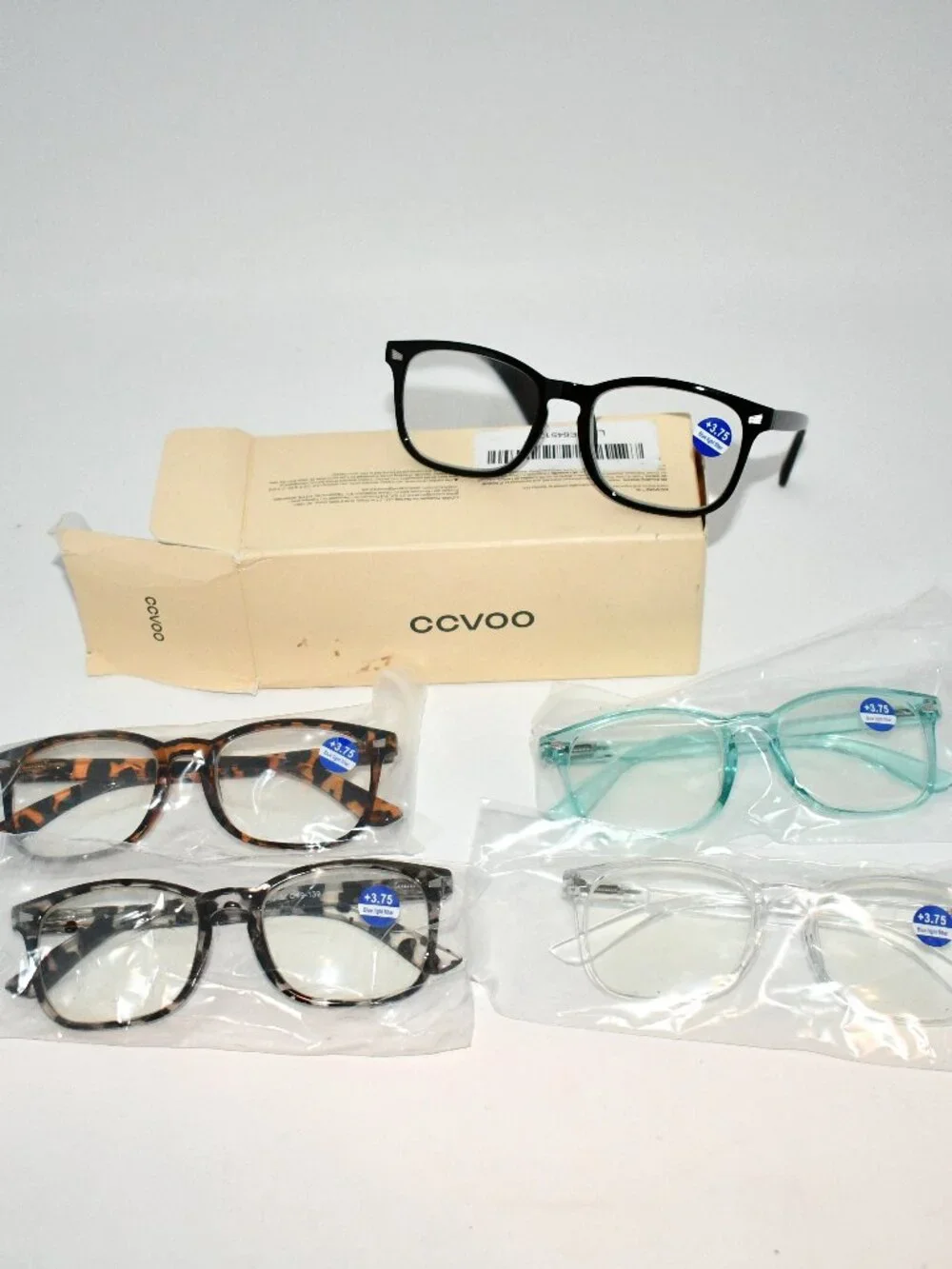 CCVOO Reading Glasses +3.75 Set of 5 Assorted Colors Readers New Damaged Box  Co